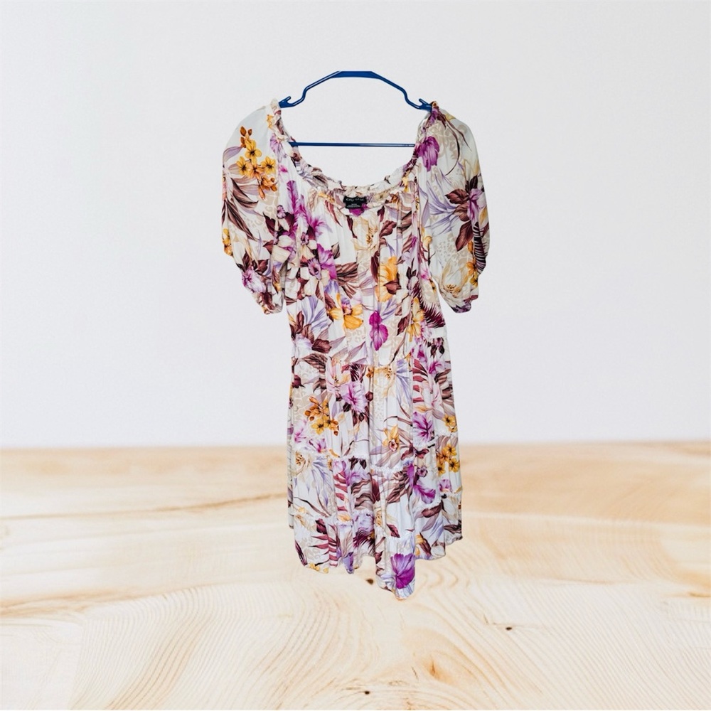 Avenue Floral Off-Shoulder Dress in Cream, Purple & Yellow